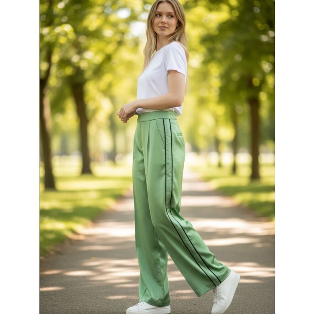 $465 Ramy Brooke Lara wide leg satin side striped pants in green NWT